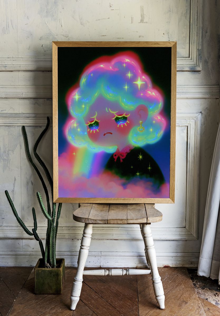 Dreamy Neon Girl Portrait Print. — room view 1