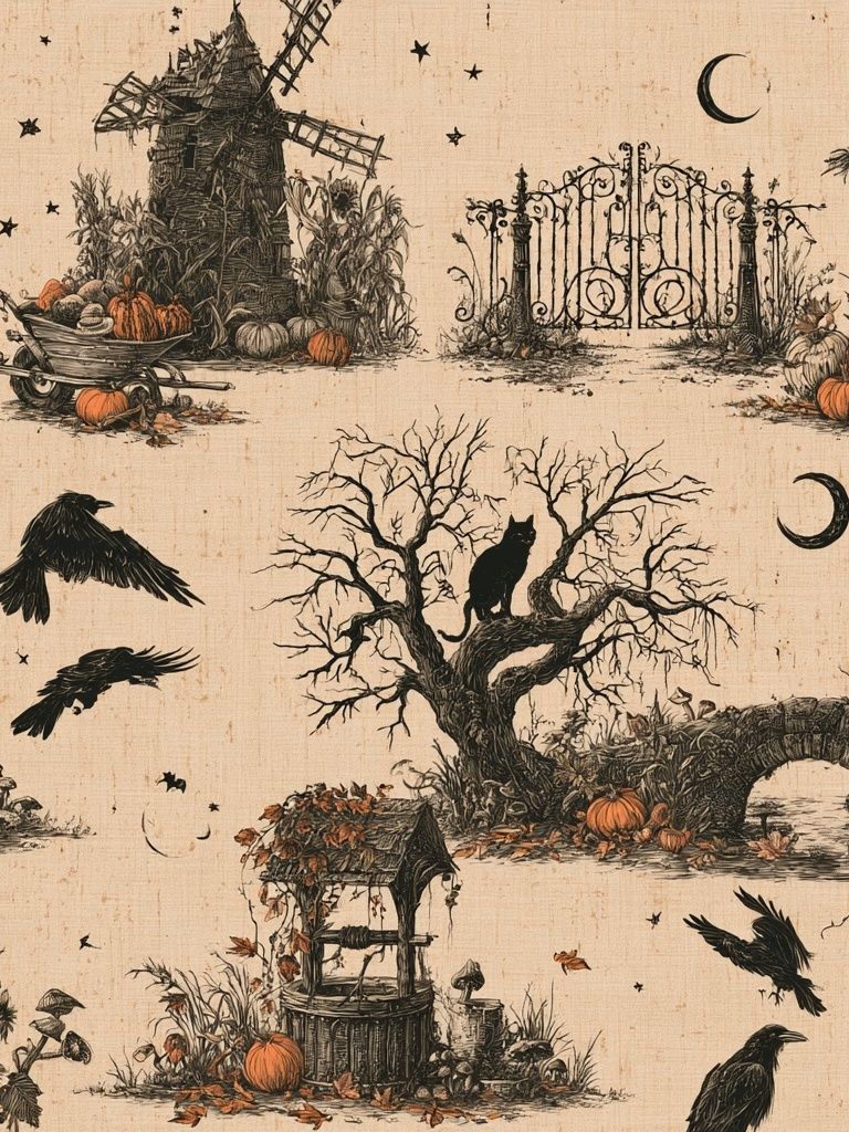 Halloween Garden Scene Vintage Print. poster detail