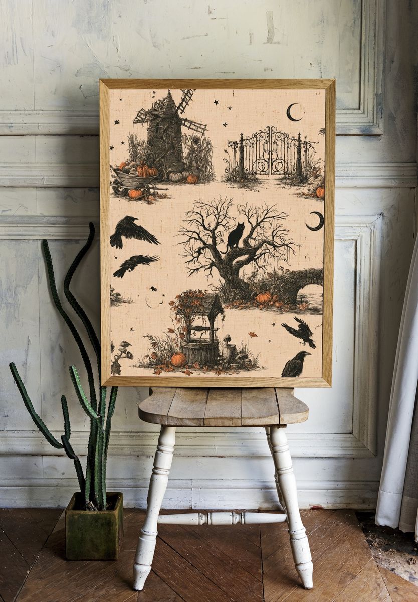 Halloween Garden Scene Vintage Print. room preview