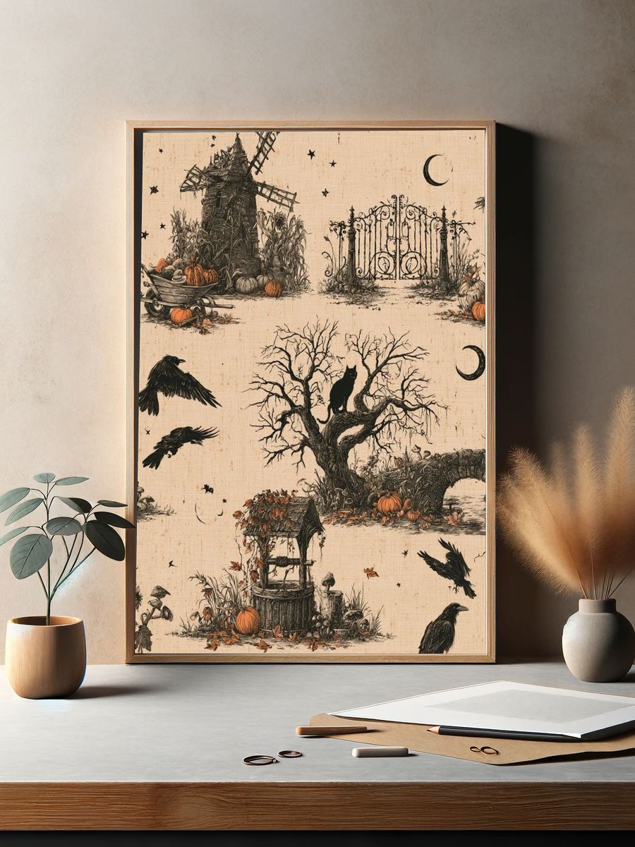 Halloween Garden Scene Vintage Print. — room view 2