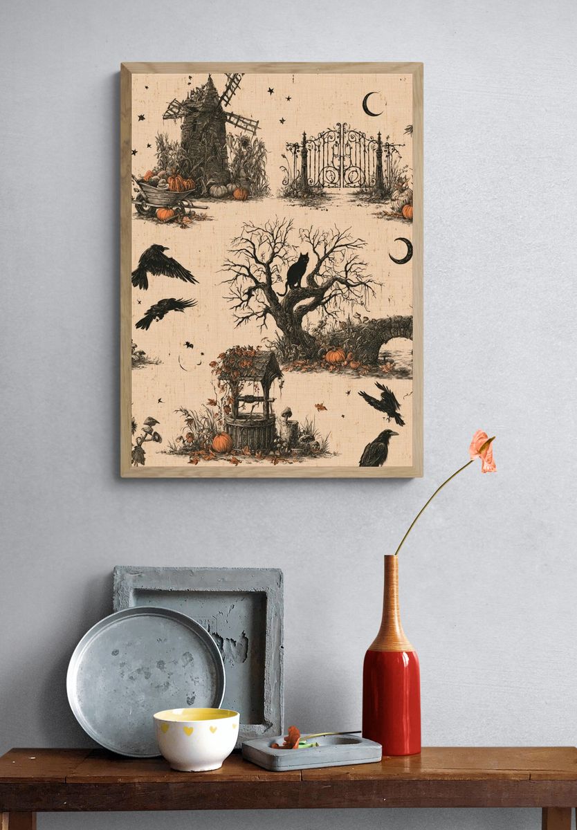 Halloween Garden Scene Vintage Print. — room view 3