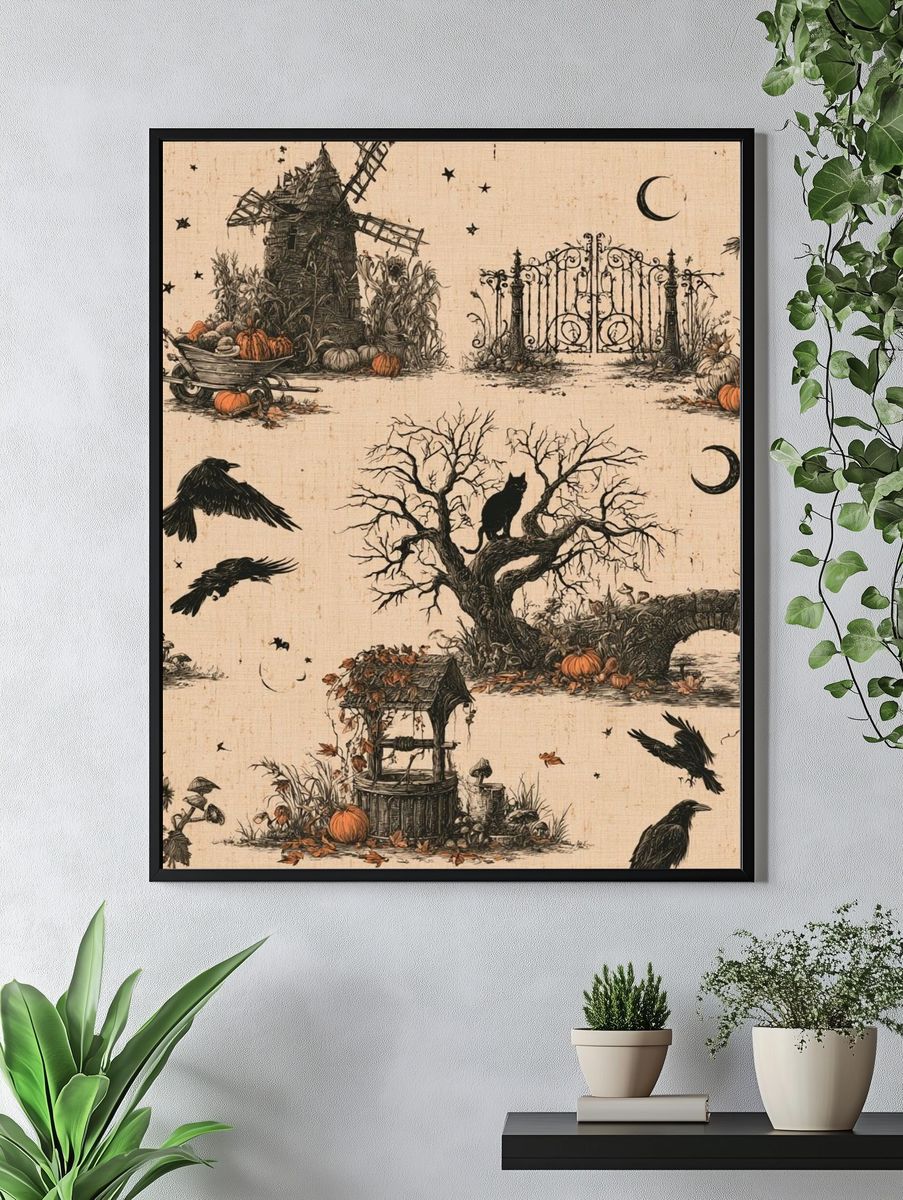 Halloween Garden Scene Vintage Print. — room view 4