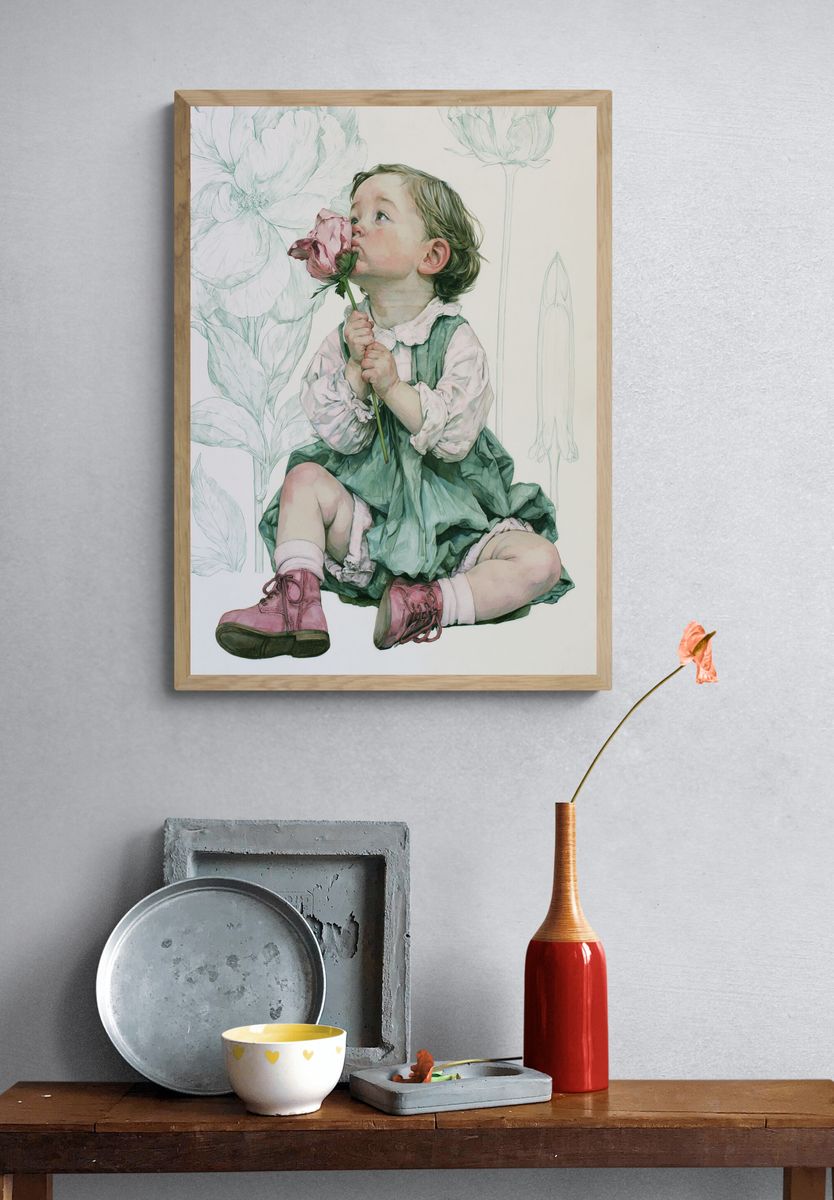 Child with Flower Watercolor Print. — room view 3
