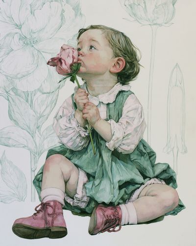 Child with Flower Watercolor Print. poster