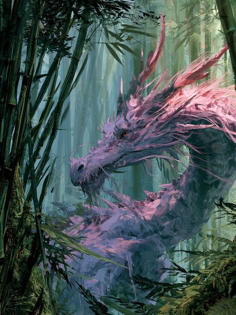 Pink Dragon in Bamboo Forest Poster. poster detail