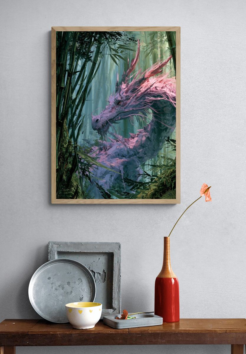 Pink Dragon in Bamboo Forest Poster. — room view 3