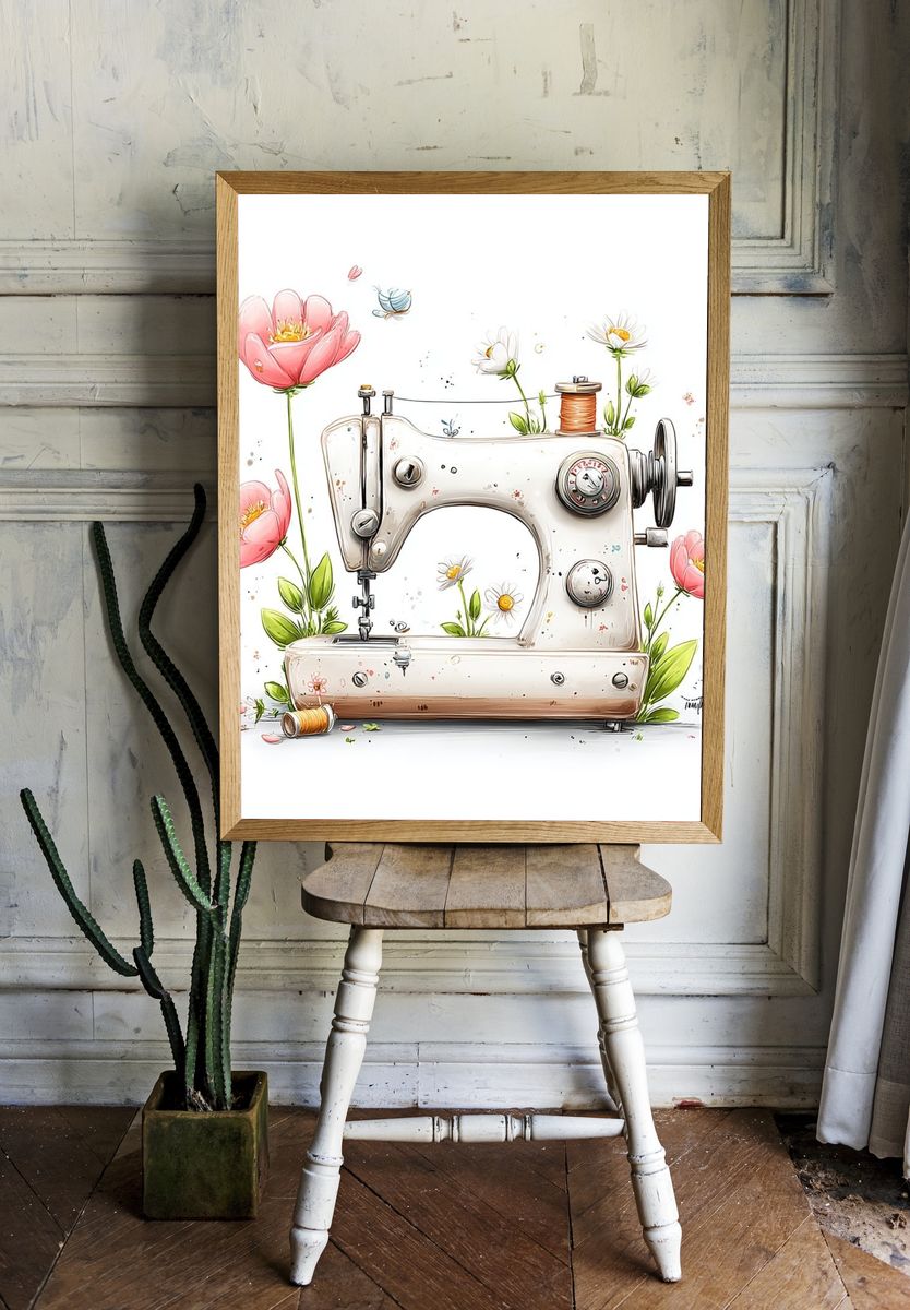 Floral Sewing Machine Illustration Poster. room preview