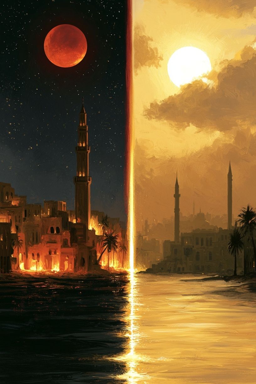 Dual Eclipse Cityscape Illustration Poster. poster detail