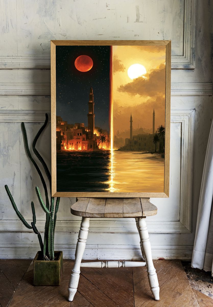 Dual Eclipse Cityscape Illustration Poster. — room view 1