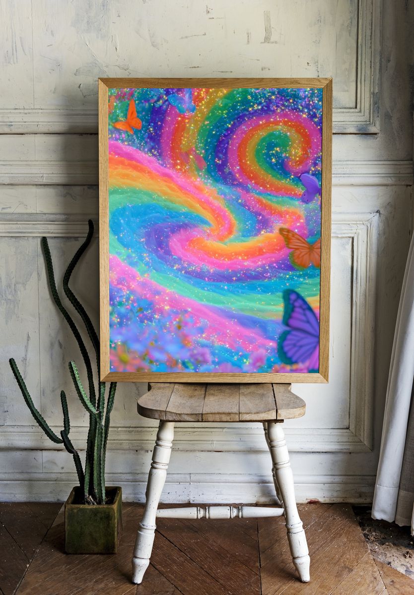 Rainbow Butterfly Swirl Illustration Poster. — room view 1