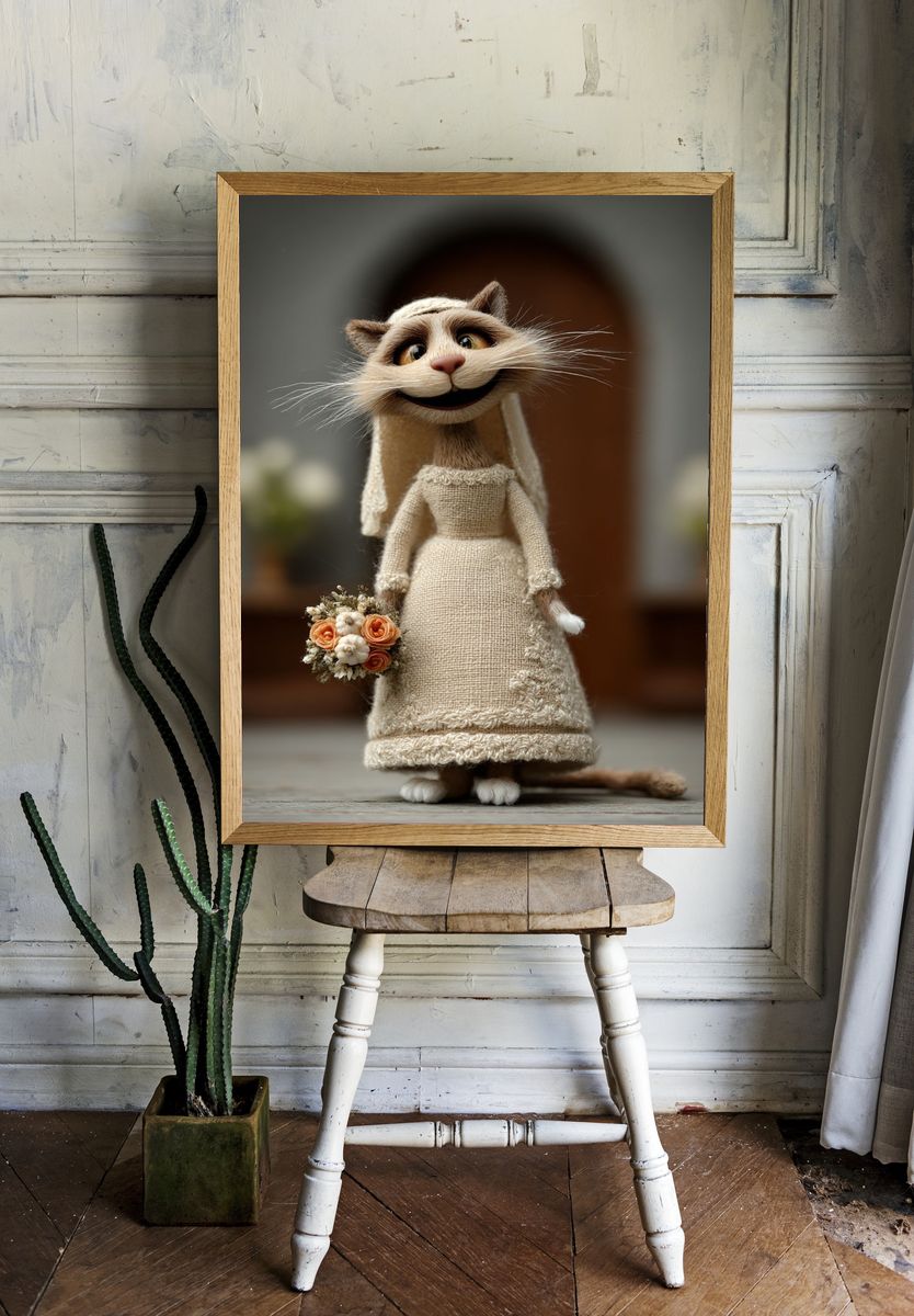 Bride Cat Portrait Print. room preview