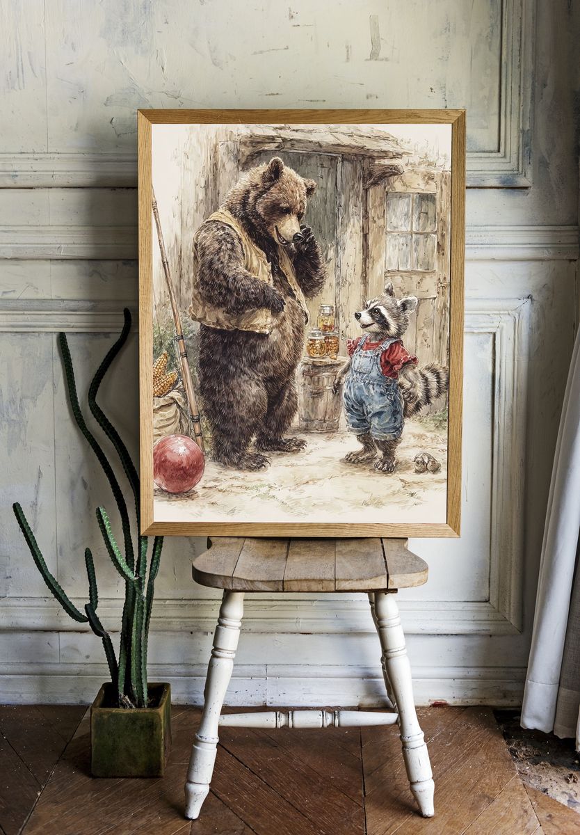 Bear and Raccoon Watercolor Poster room preview