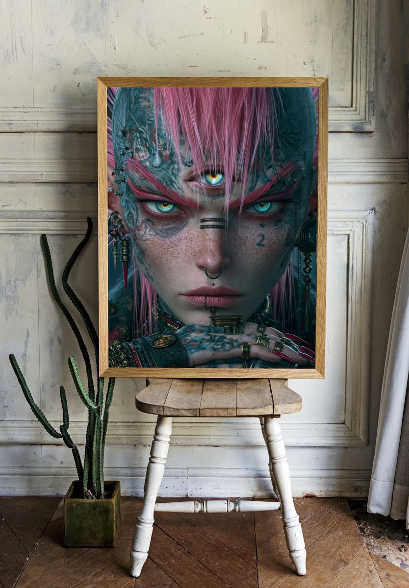 Cyberpunk Triple-Eye Portrait Poster. — room view 1