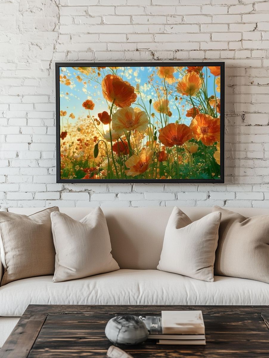 Orange Poppy Meadow Illustration Poster. room preview