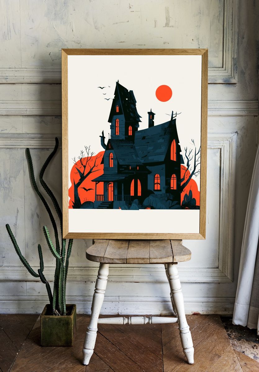 Haunted House Halloween Illustration Poster. — room view 1