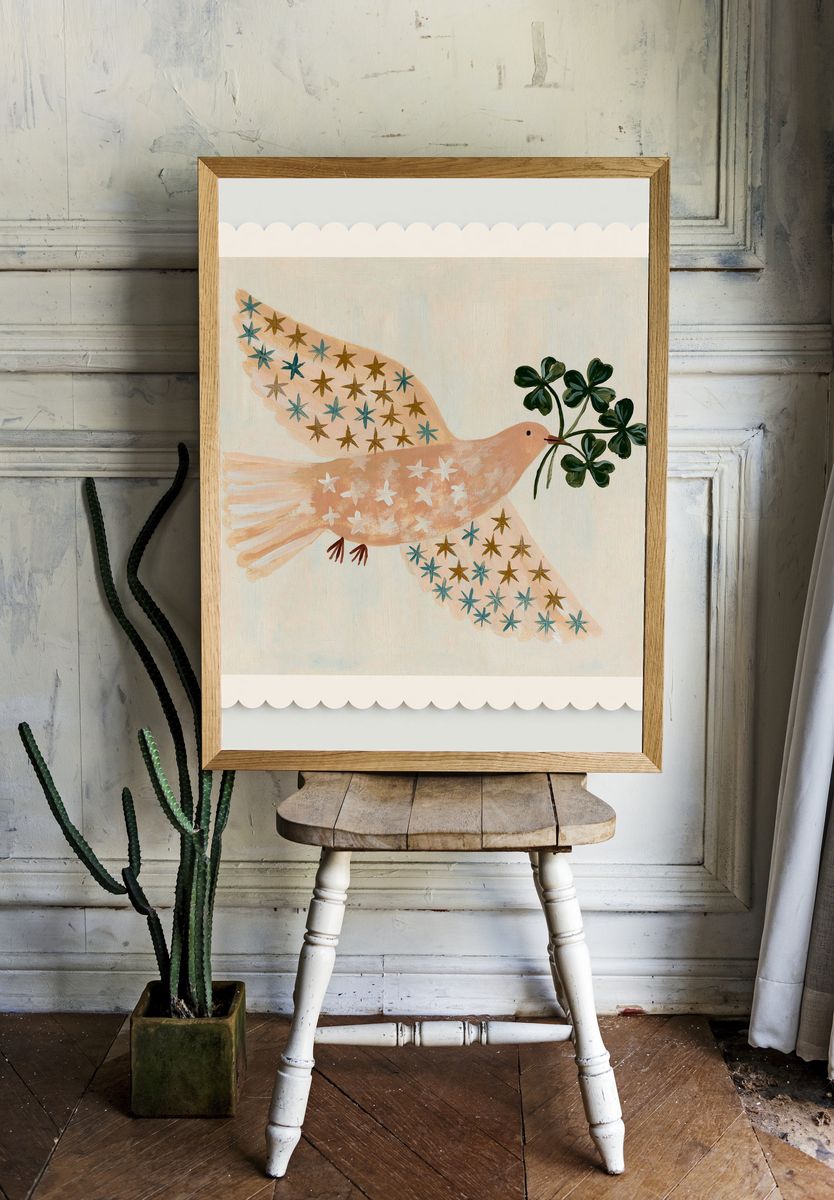 Folk Bird with Clover Branch Print. room preview