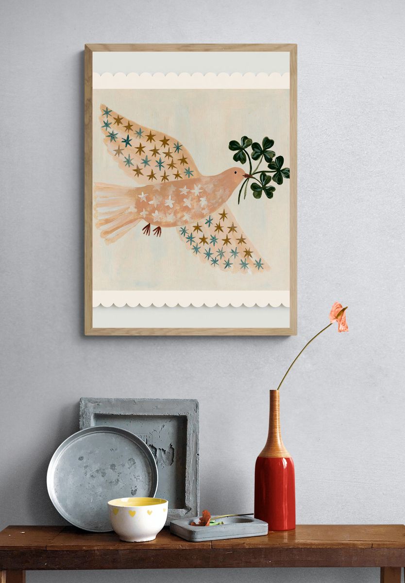 Folk Bird with Clover Branch Print. — room view 3