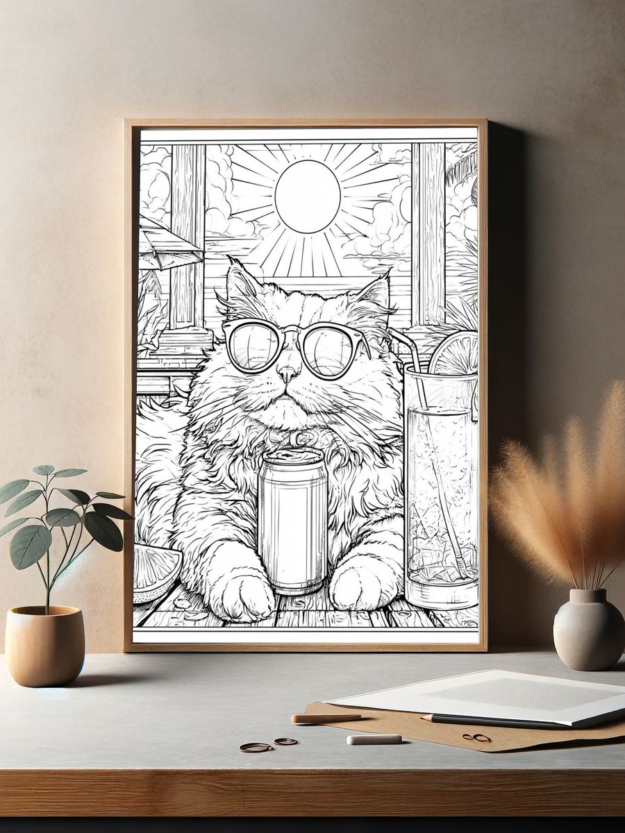 Sunset Cat Cocktail Line Art Poster. — room view 2