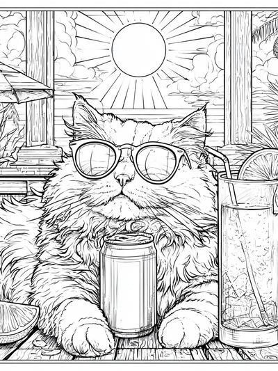 Sunset Cat Cocktail Line Art Poster. poster print
