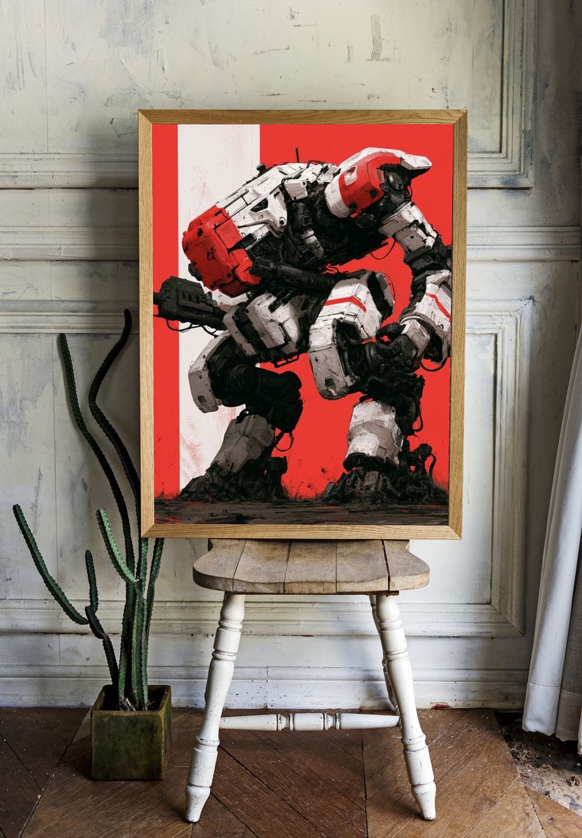Red Mech Warrior Illustration Poster. — room view 1