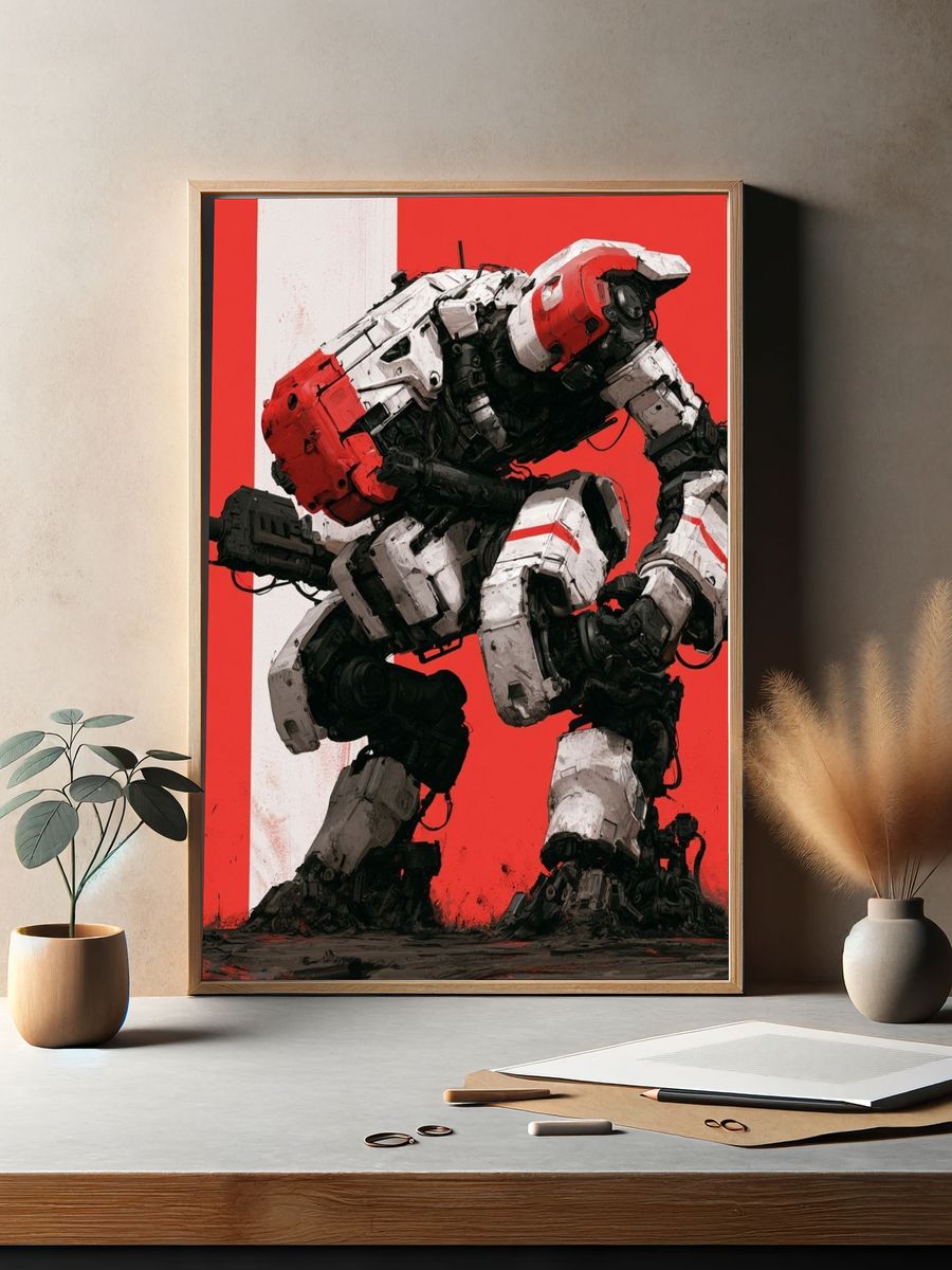 Red Mech Warrior Illustration Poster. — room view 2