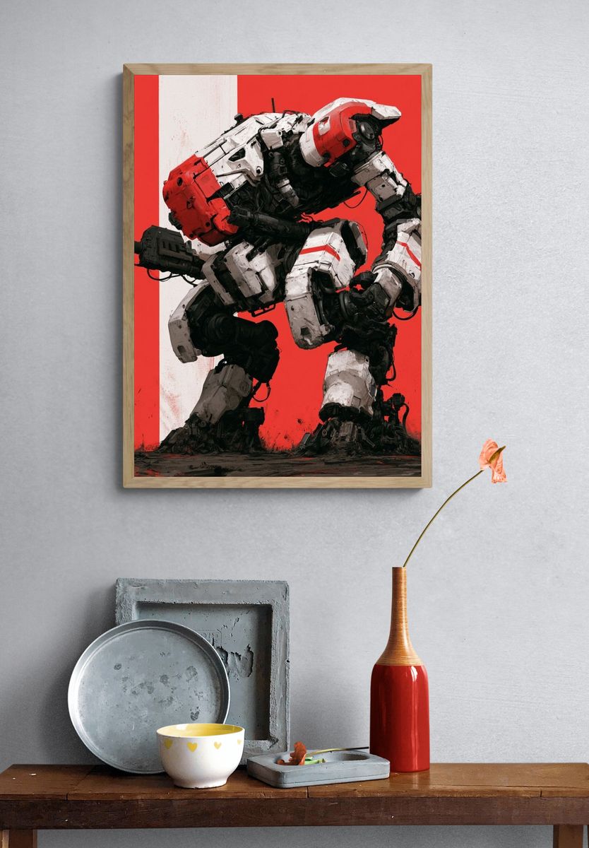 Red Mech Warrior Illustration Poster. — room view 3