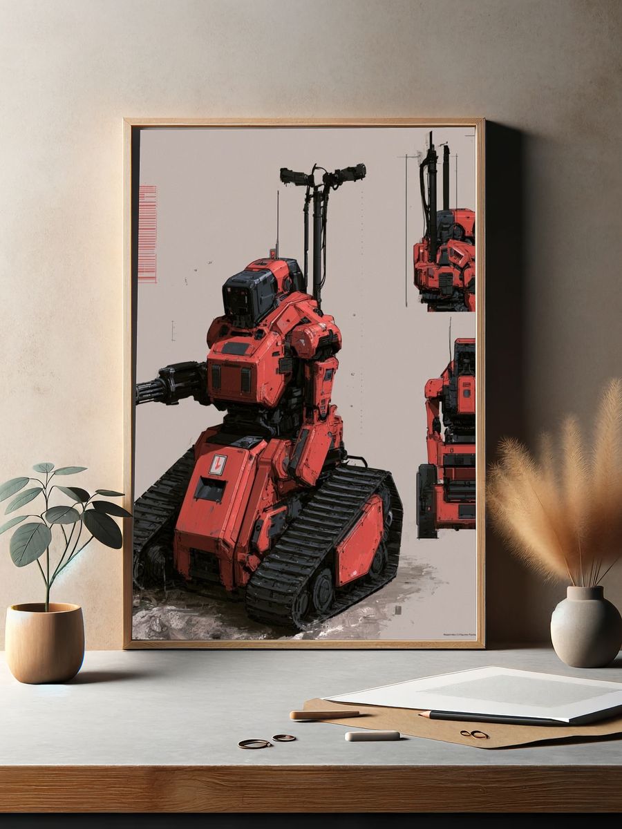 Red Combat Mech Illustration Poster. — room view 2