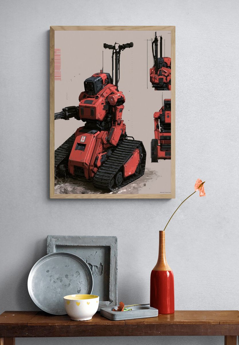 Red Combat Mech Illustration Poster. — room view 3