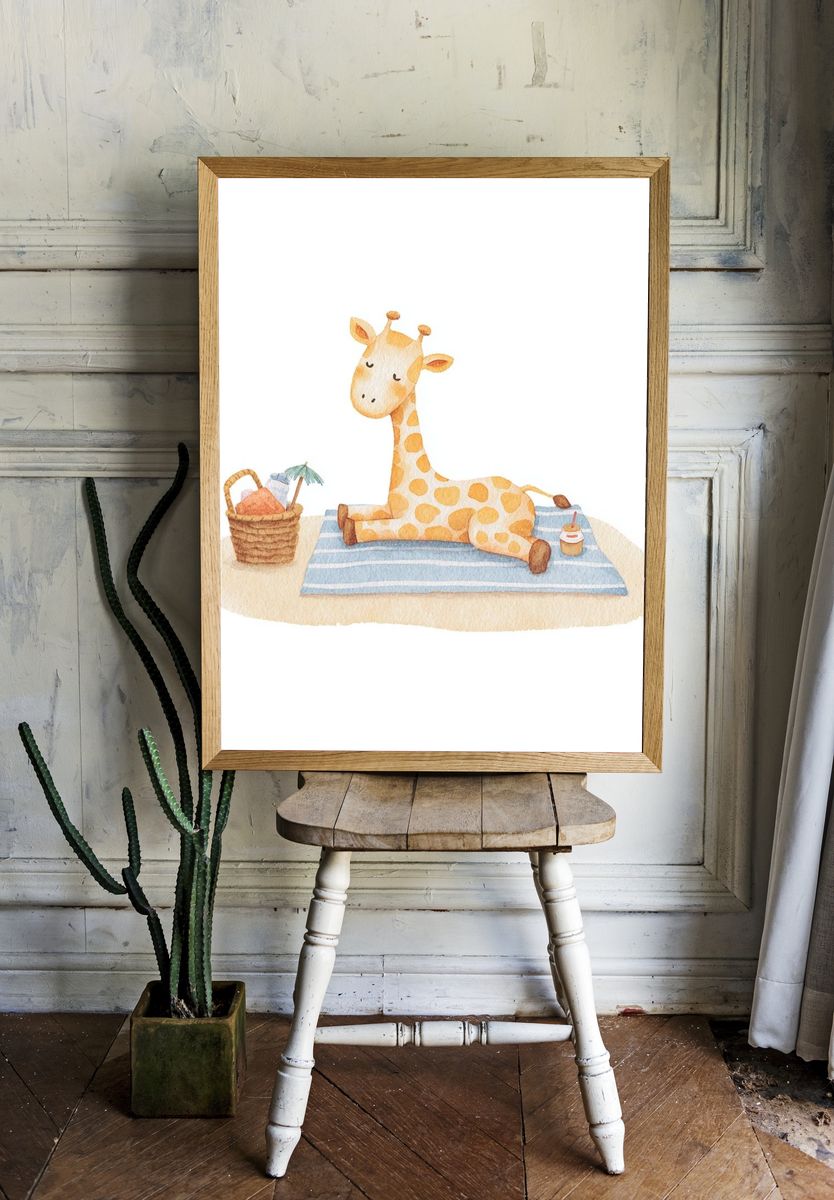 Sleepy Giraffe Watercolor Print. room preview
