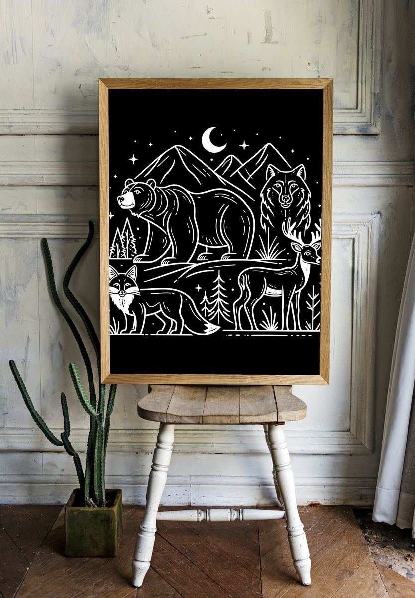 Forest Animals Night Line Art Poster. — room view 1