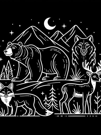 Forest Animals Night Line Art Poster.