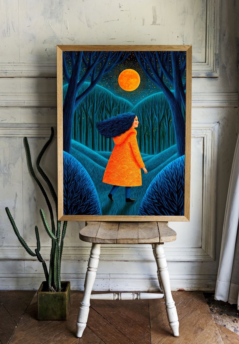 Moonlit Forest Girl Illustration Poster. room preview