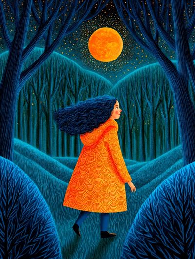 Moonlit Forest Girl Illustration Poster. poster
