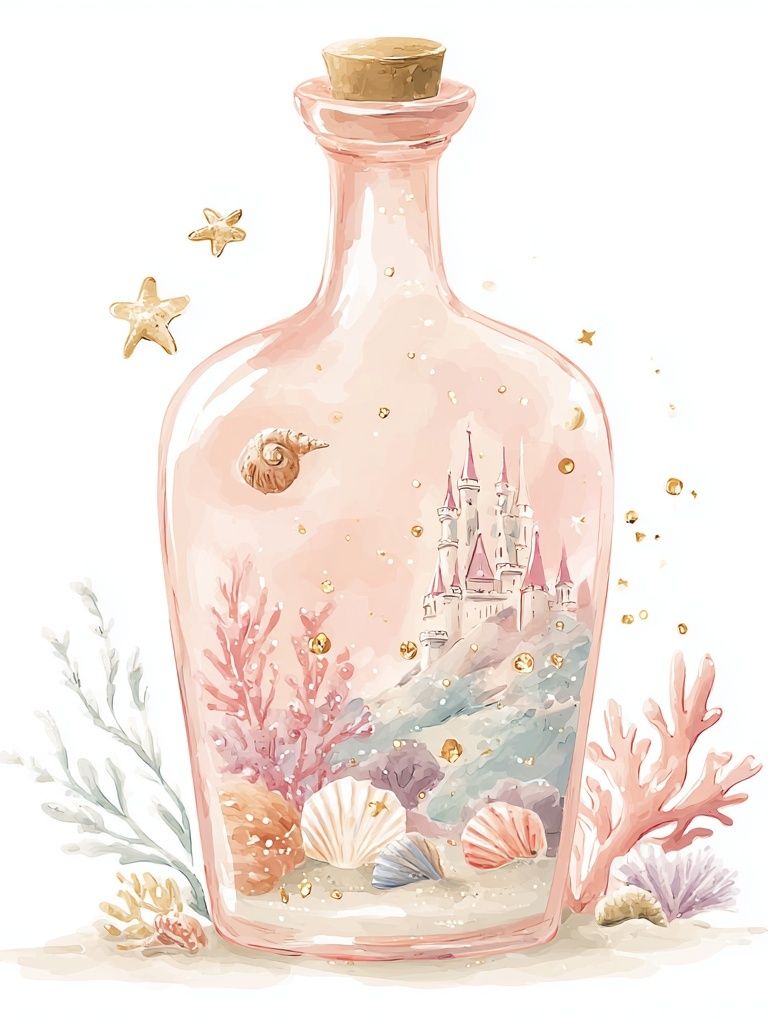 Seaside Castle in Bottle Illustration Poster. poster detail