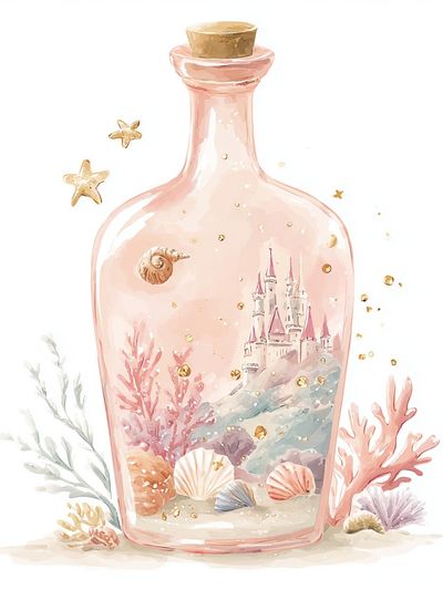 Seaside Castle in Bottle Illustration Poster. poster
