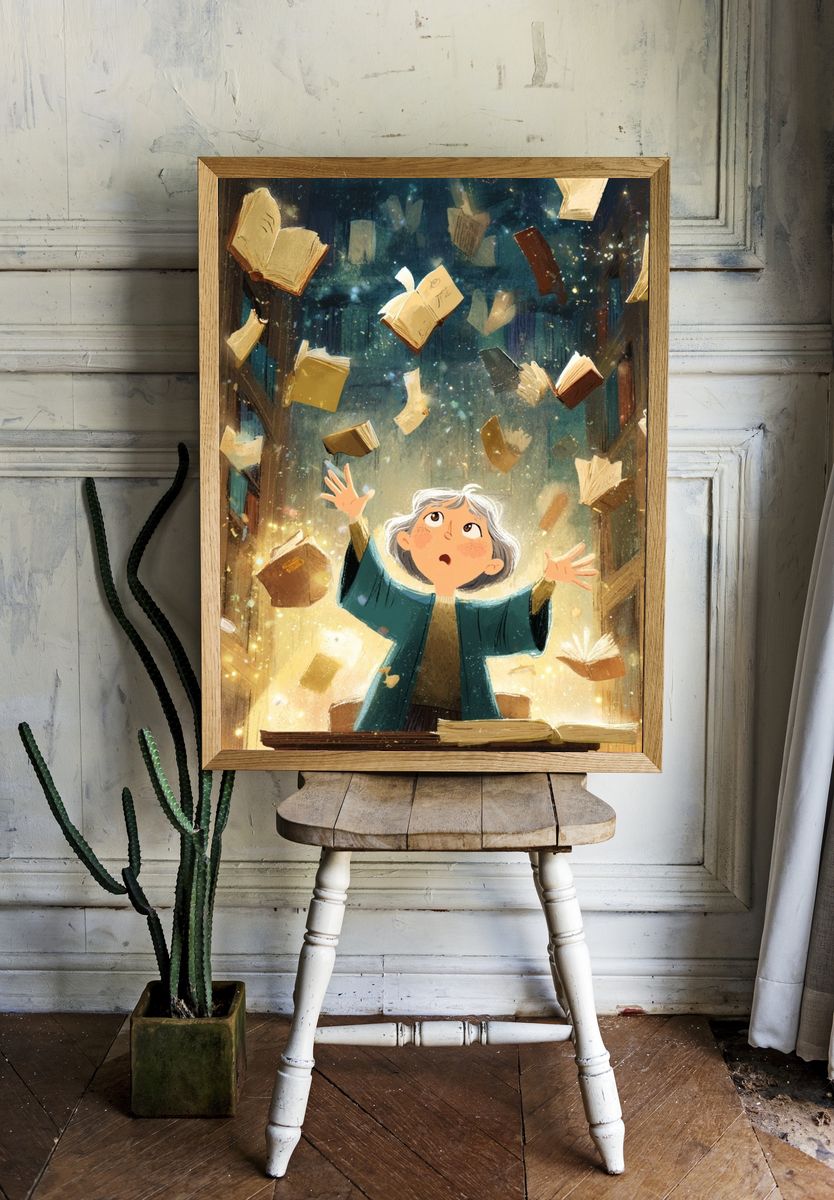 Floating Books Illustration Poster room preview