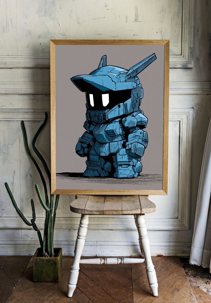 Blue Mecha Chibi Illustration Poster. — room view 1