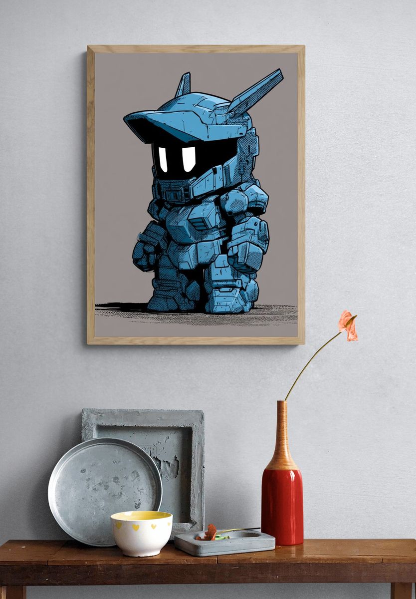 Blue Mecha Chibi Illustration Poster. — room view 3
