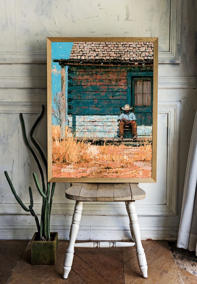 Desert Porch Cowboy Illustration Print. room preview