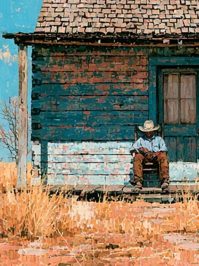 Desert Porch Cowboy Illustration Print. poster