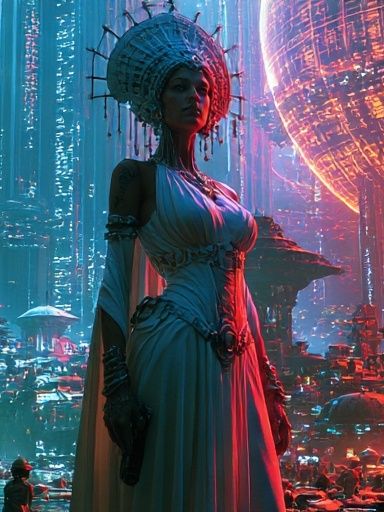 Futuristic City Goddess Illustration Poster. poster detail