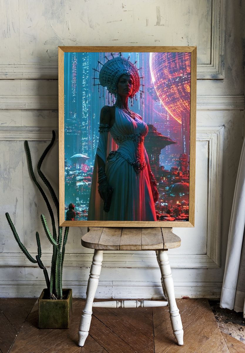 Futuristic City Goddess Illustration Poster. room preview