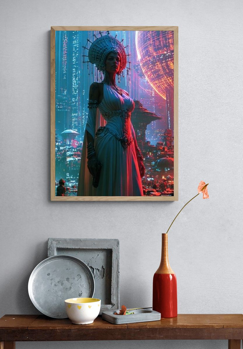 Futuristic City Goddess Illustration Poster. — room view 3