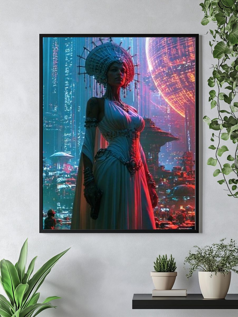 Futuristic City Goddess Illustration Poster. — room view 4