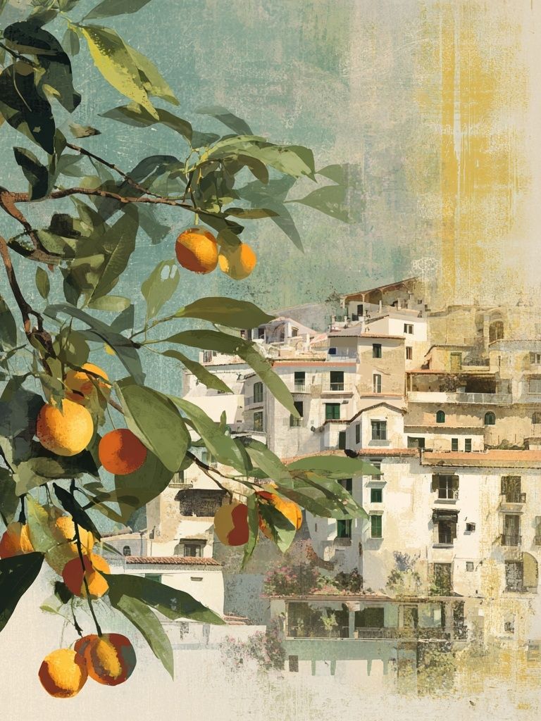 Mediterranean Citrus Village Illustration Print. poster — illustration art