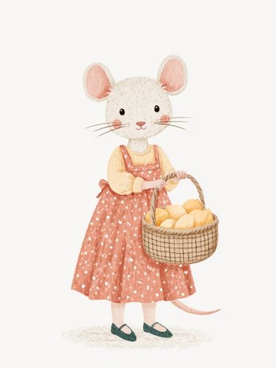 Mouse with Basket Watercolor Print. poster