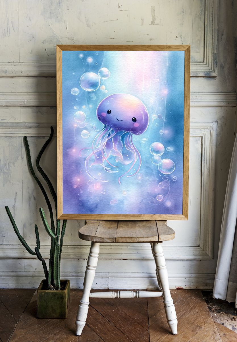 Cute Jellyfish Watercolor Poster room preview