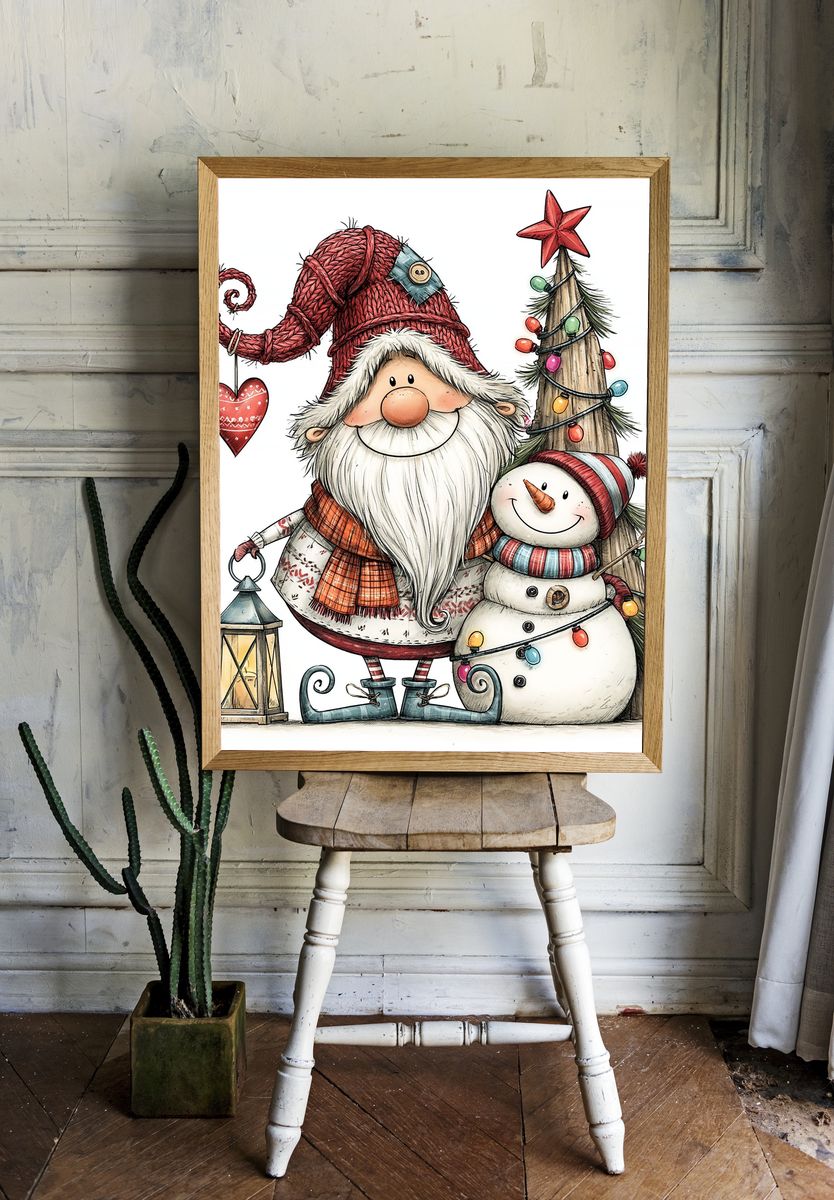 Christmas Gnome and Snowman Illustration Poster. — room view 1