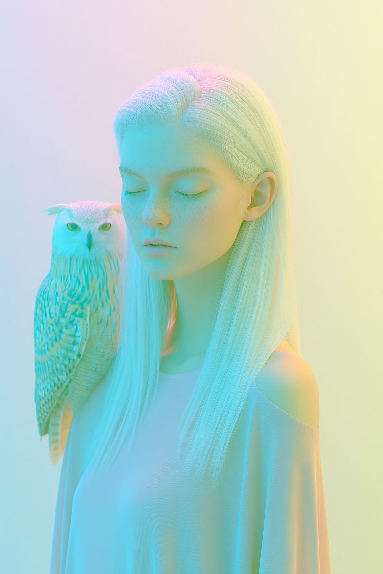 Pastel Girl and Owl Portrait Print. poster detail