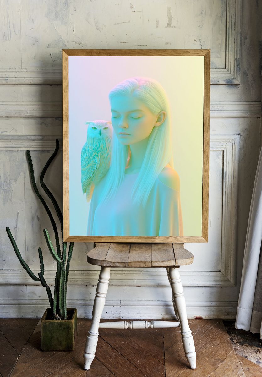 Pastel Girl and Owl Portrait Print. room preview